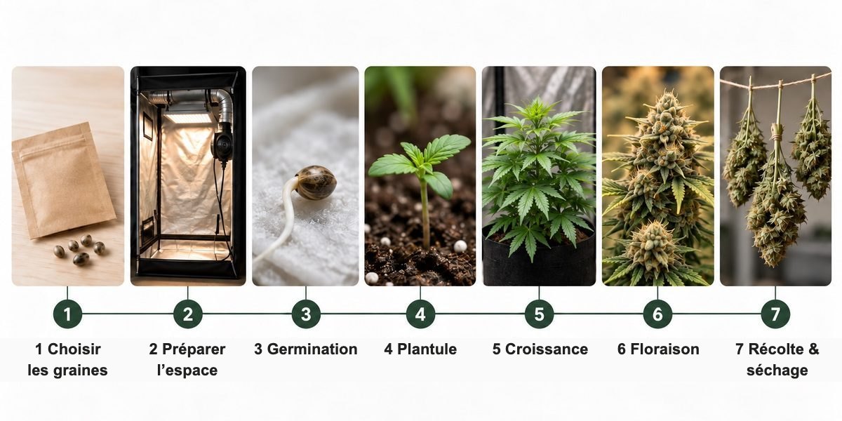 Comment faire pousser du cannabis en 7 étapes : infographie de la graine à la plantule, la croissance, la floraison et la récolte