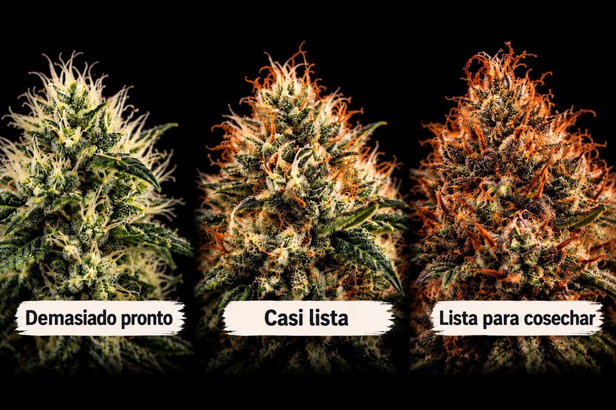 Cogollo de marihuana en tres grados de madurez: pistilos blancos (demasiado pronto), en parte naranjas (casi lista) y marrones y rizados (lista para cosechar)