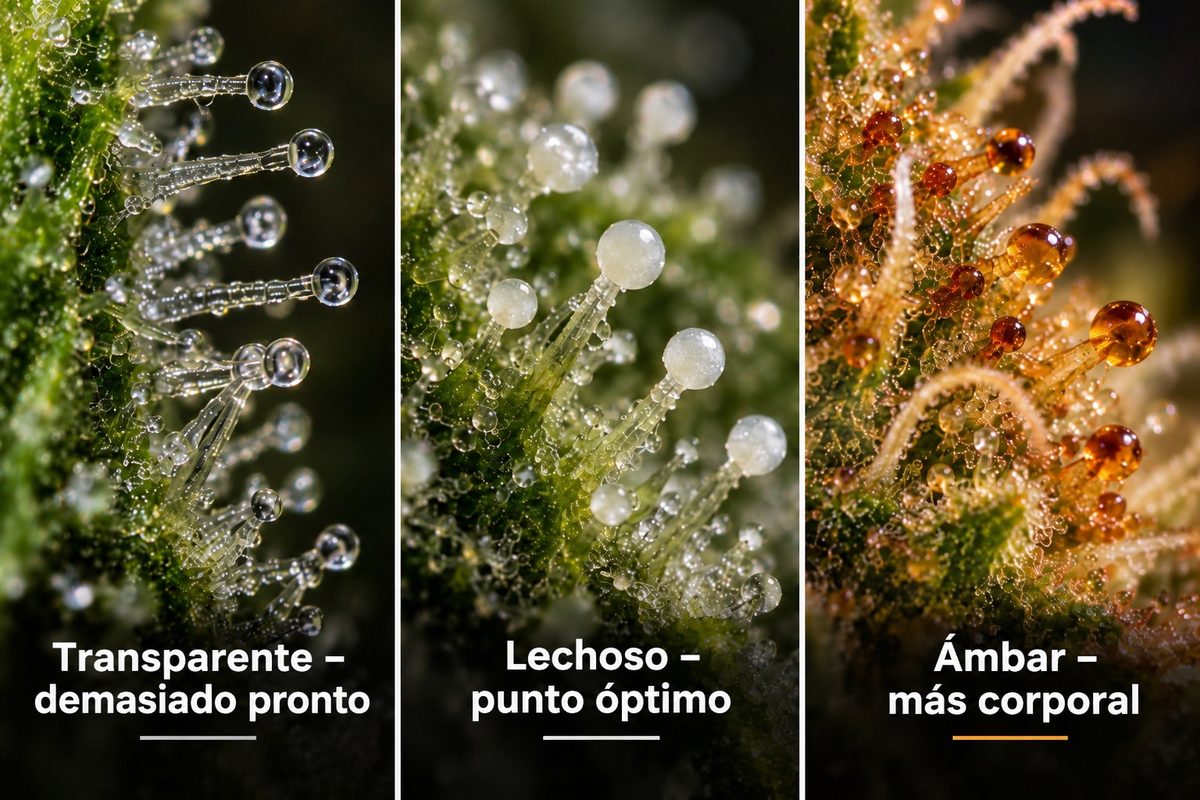 Tricomas de marihuana en tres grados de madurez: transparentes (demasiado pronto), lechosos (punto óptimo) y ámbar (efecto más corporal)