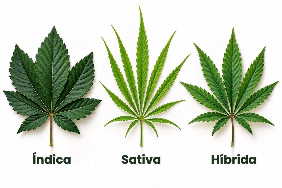Hojas de marihuana índica, sativa e híbrida comparadas: hoja índica ancha y oscura, hoja sativa estrecha y clara y hoja híbrida intermedia