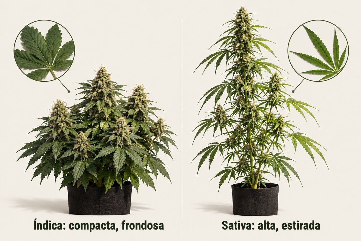 Planta de marihuana índica frente a sativa: la índica compacta y frondosa, la sativa alta y estirada