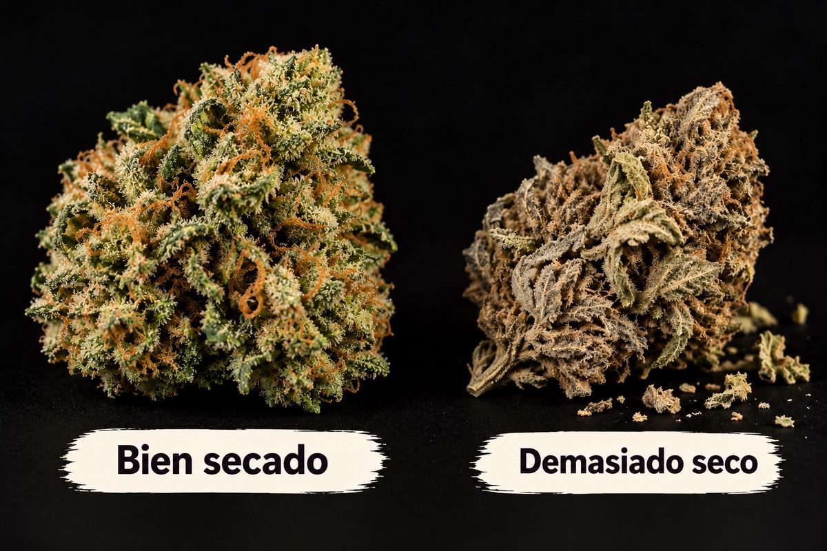 Comparación: cogollo de marihuana bien secado y cogollo demasiado seco y quebradizo