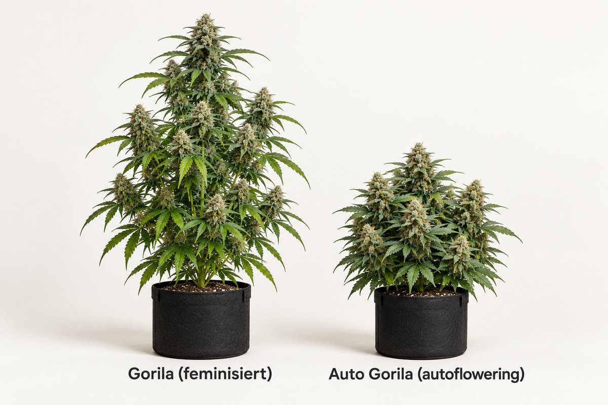 Gorila feminizada y Auto Gorila autofloreciente comparadas: planta más alta a la izquierda y autofloreciente compacta a la derecha