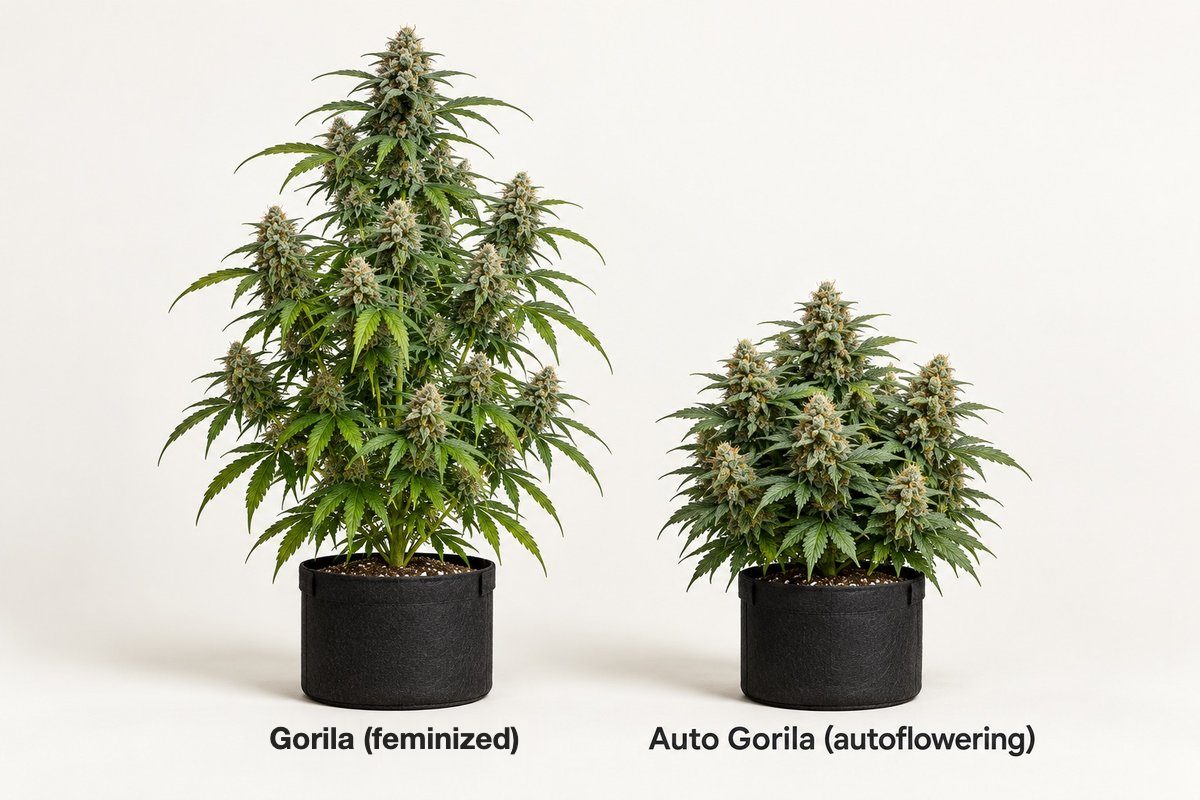 Gorila feminized and Auto Gorila autoflowering compared: taller plant on the left, compact autoflower on the right