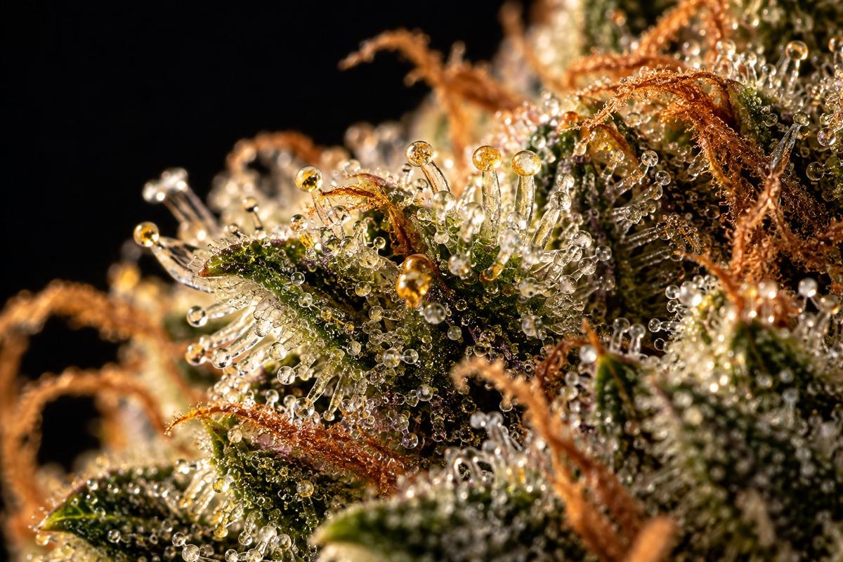 Cogollo de Gorilla Glue en macro: tricomas densos con cabezas ámbar y pistilos naranjas