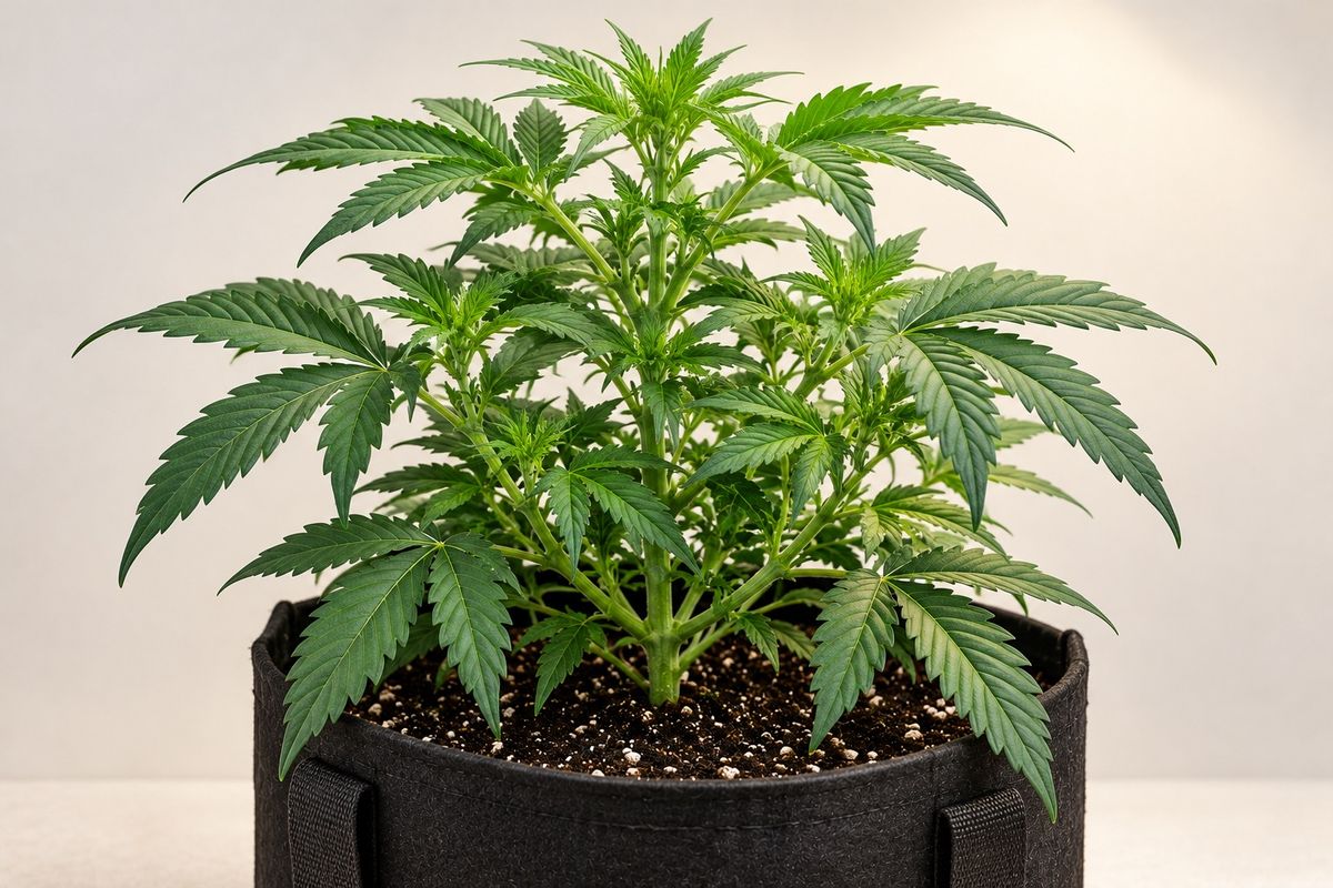 4 Woche alt Hanf-Keimling als buschige Cannabispflanze mit 5–6 Blattpaaren im Stofftopf