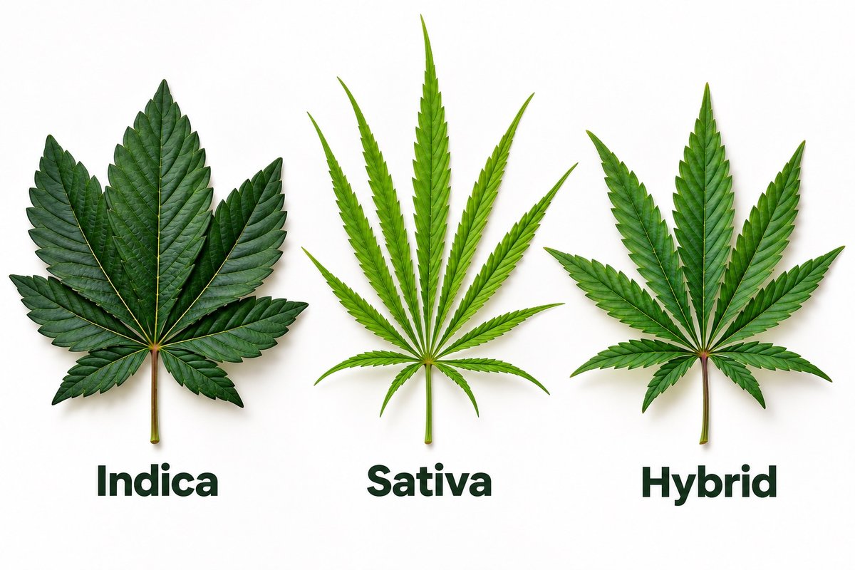 Indica, Sativa und Hybrid im Vergleich: breites dunkles Indica-Blatt, schmales helles Sativa-Blatt und Hybrid-Blatt