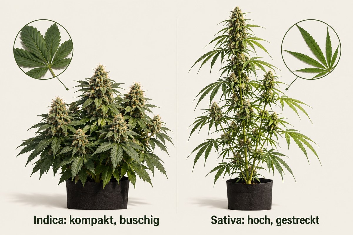Indica vs. Sativa Pflanze im Vergleich: Indica kompakt und buschig, Sativa hoch und gestreckt