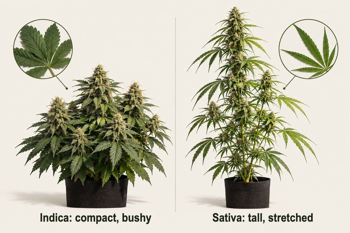 Indica vs sativa plant comparison: indica compact and bushy, sativa tall and stretched