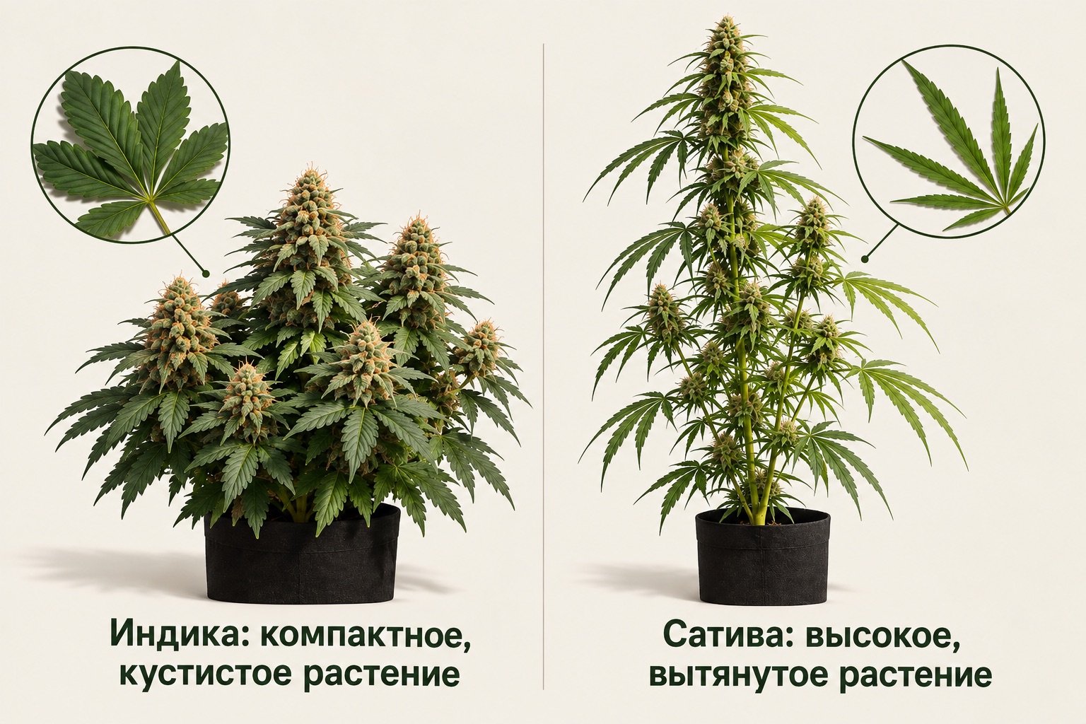 Растения индики и сативы: индика компактная и кустистая, сатива высокая и вытянутая