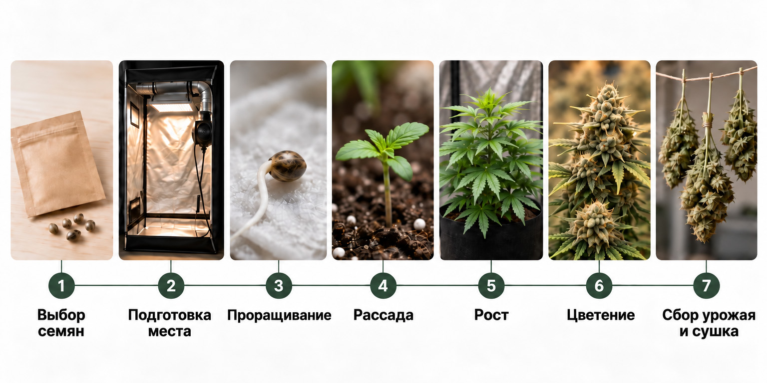 Выращивание марихуаны в 7 шагов: инфографика от семени через росток, вегетацию и цветение до урожая
