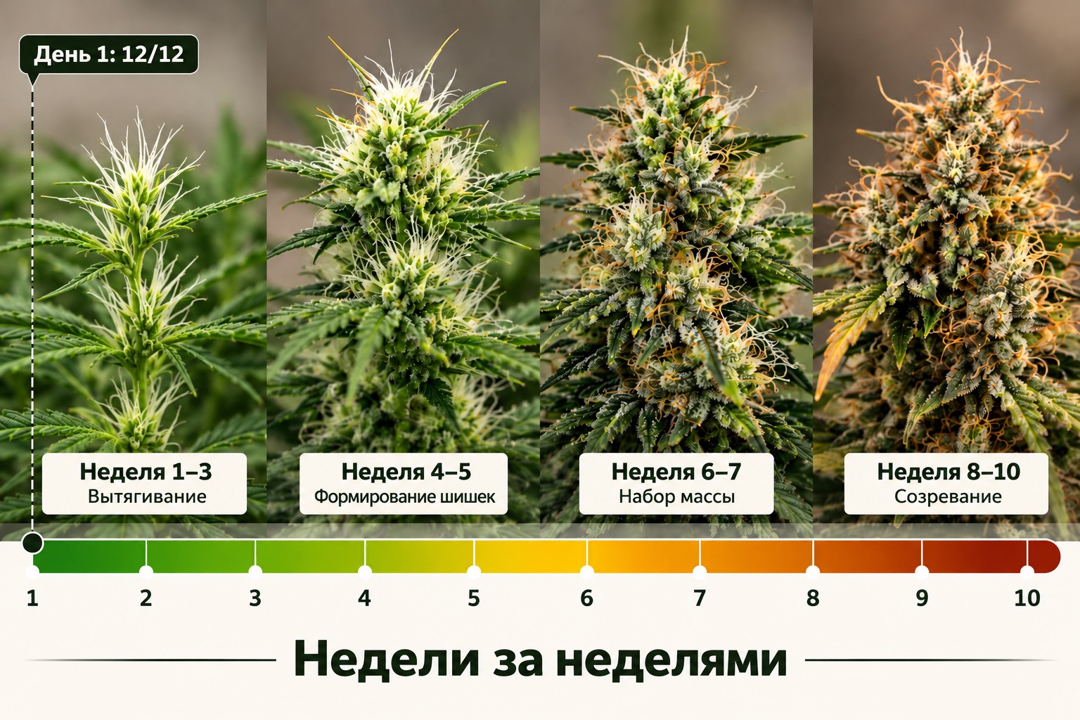 Цветение марихуаны по неделям: растяжка, формирование шишек, налив и созревание с 1-й по 10-ю неделю