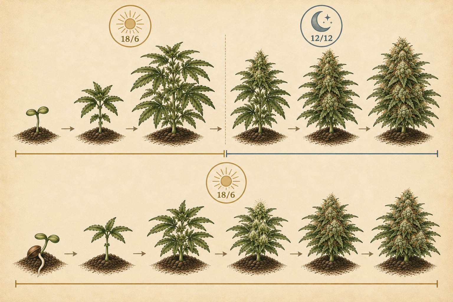 Autoflorescente vs fotoperiódica: a planta fotoperiódica precisa de passar de 18/6 para 12/12 para florir, enquanto a autoflorescente floresce sozinha com um ciclo constante de 18/6