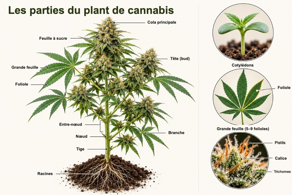 Les parties du plant de cannabis : racines, tige, nœuds, grandes feuilles, feuilles à sucre, tête, calices, pistils et trichomes