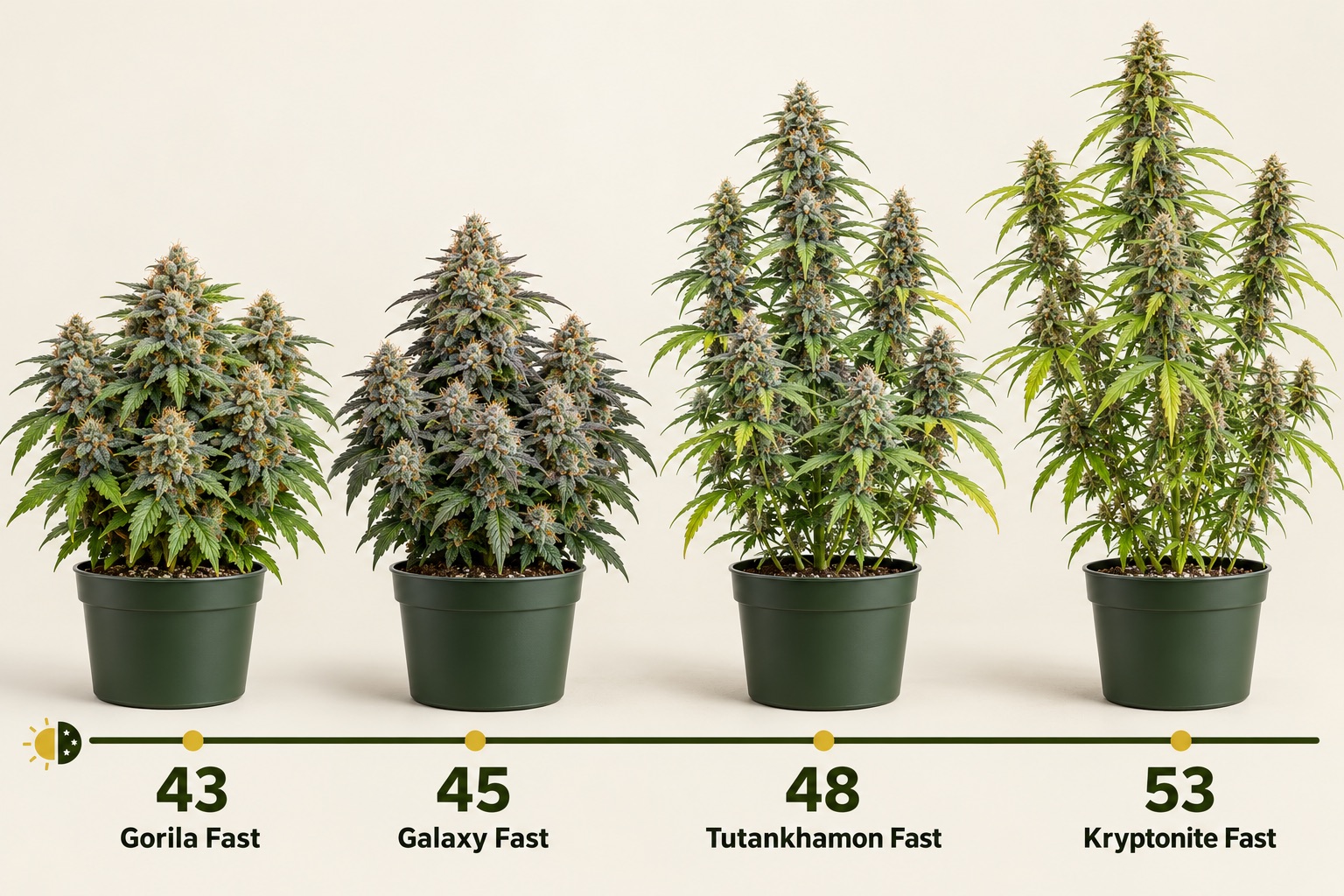 Cuatro plantas de Power Mix Fast en fila con su día de cosecha tras el cambio a 12/12: Gorila Fast 43, Galaxy Fast 45, Tutankhamon Fast 48 y Kryptonite Fast 53