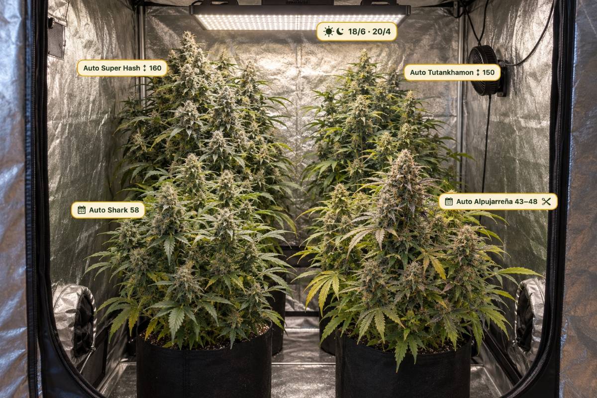 Quatre autofloraisons du Power Mix Auto placées dans une même box de culture