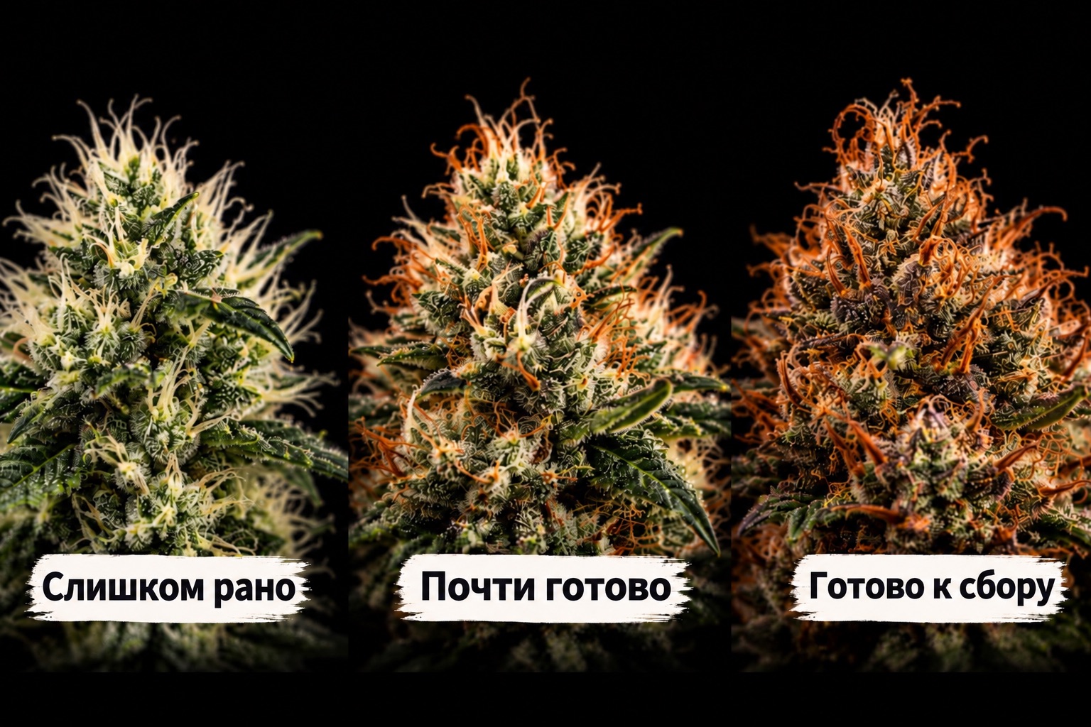 Шишка конопли на трёх стадиях зрелости: белые волоски (рано), частично оранжевые (скоро), бурые и подвёрнутые (пора собирать)