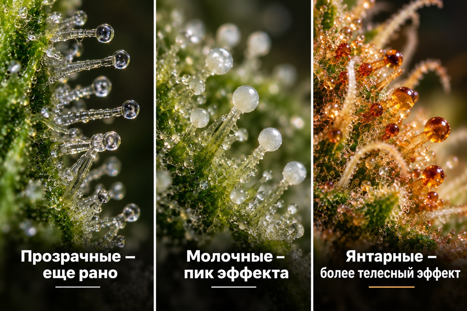 Трихомы на трёх стадиях зрелости: прозрачные — рано, молочные — пик, янтарные — более телесный эффект