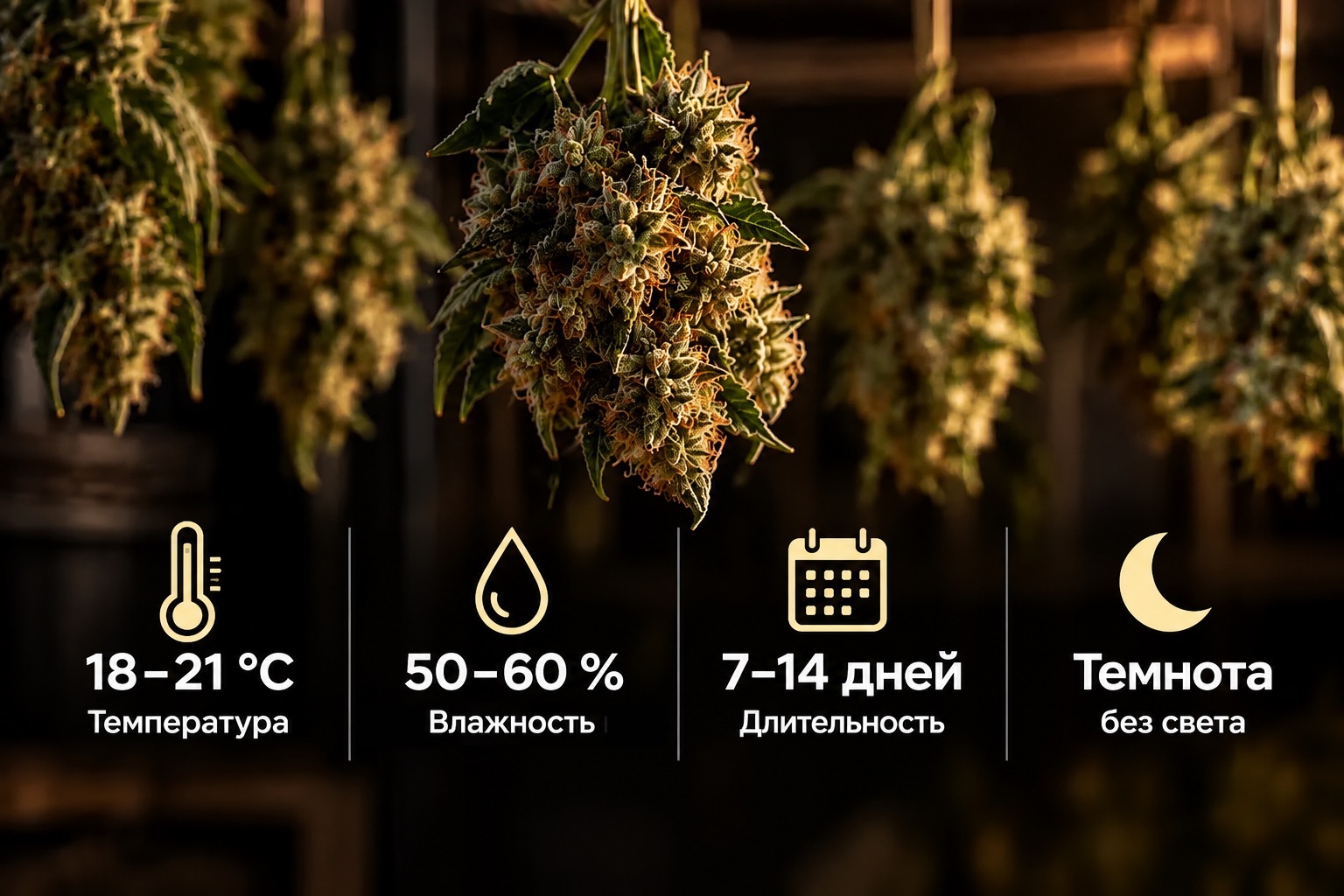 Инфографика: как сушить шишки — 18–21 °C, влажность 50–60 %, 7–14 дней, в темноте