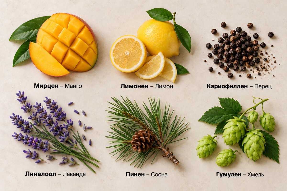 Ароматы терпенов: мирцен — манго, лимонен — лимон, кариофиллен — перец, линалоол — лаванда, пинен — сосна, гумулен — хмель