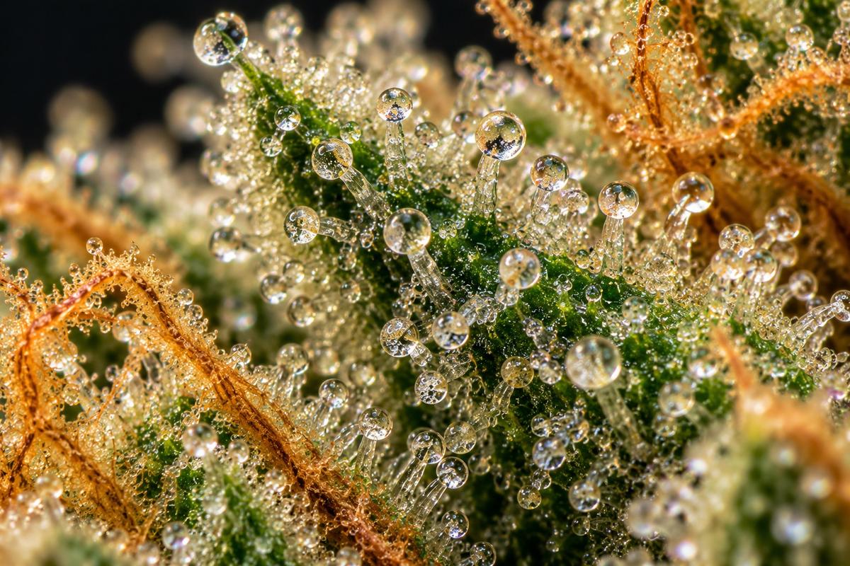 Tricomas de un cogollo de cannabis en macro: en estas glándulas de resina se forman los terpenos y los cannabinoides