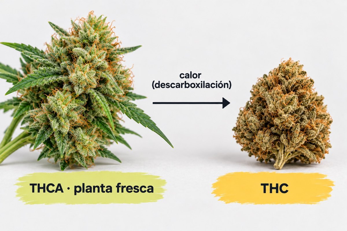 Descarboxilación del THCA al THC: cogollo fresco con THCA y, con calor, cogollo seco con THC